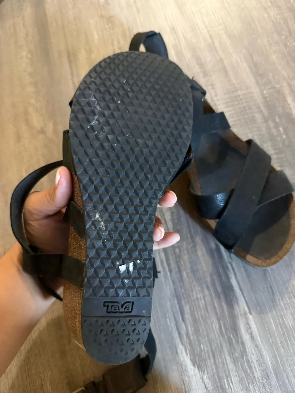 Teva Mahonia Black Leather Wedge Cross Strap Sandals